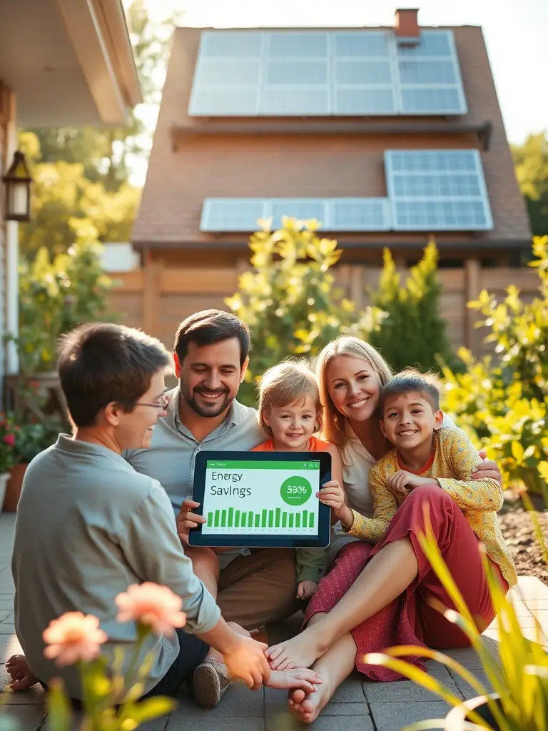 A family happily reviewing their energy bill savings on a tablet, with solar panels visible on their roof in the background, showcasing the immediate financial benefits of solar.