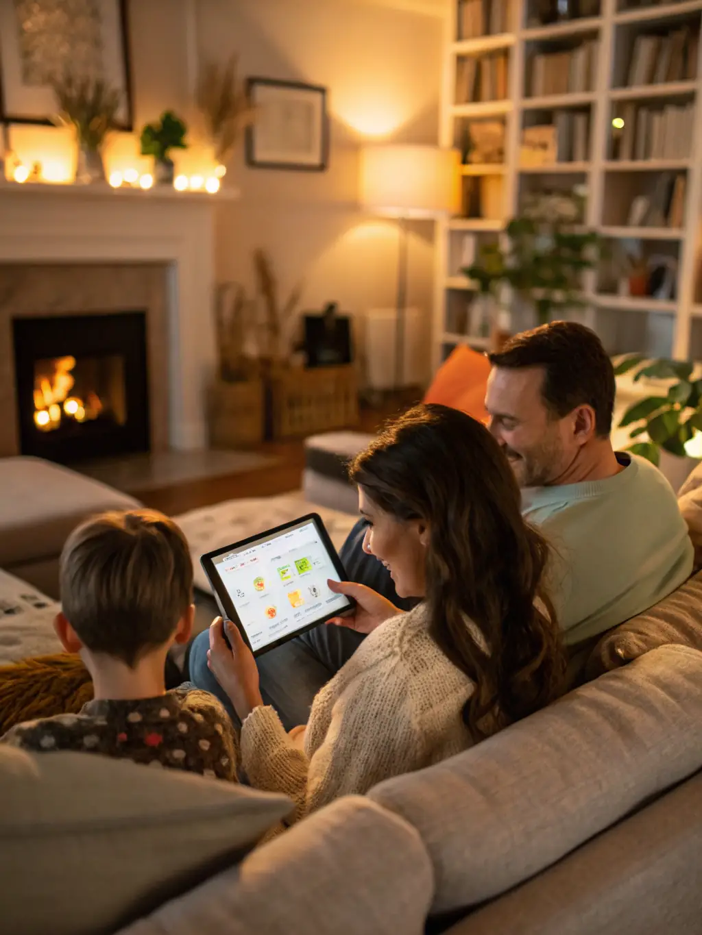 A family happily gathered around a smart home device displaying energy usage statistics, highlighting the real-time benefits of solar energy.